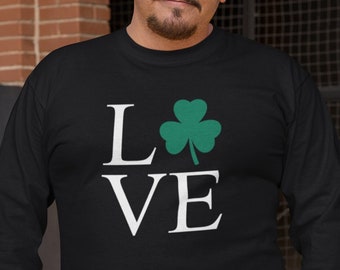 Long Sleeve - LOVE - Retro Shamrock Shirt, Shenanigans Shirt, Cute St Patricks Day Shirt, Lucky Tee, Irish Shirt, Four Leaf Clover