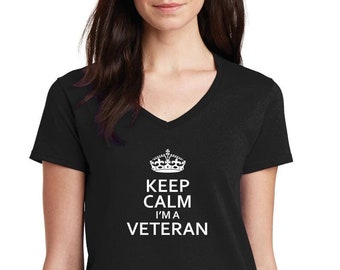 Women's V-neck Keep Calm I'm A Veteran T Shirt Soldier US United States Tee Military Army