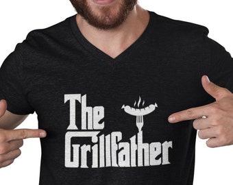 The Grillfather V Neck, Funny Dad Shirt, Fathers Day Gift, Husband BBQ Shirt, Gift From Wife, Grill Master Tee, Mens V-Neck Top