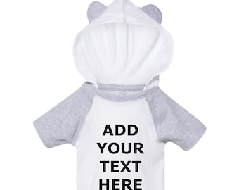 Custom Raglan Bodysuit with Hood & Ears, Fine Jersey Infant, Your Own Text, Name, Boys, Girls, Baby size NB 6M 12M 18M