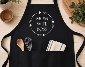 Mom Wife Boss Apron, Funny Mom Gift, Kitchen Cooking Apron, Chef Apron With Pockets, Mothers Day Gift, Adjustable Apron, Baking Gift