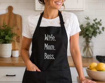 Wife Mom Boss Apron, Funny Kitchen Gift, Cooking Bib, Adjustable Pocket, Mother's Day Present, Baker