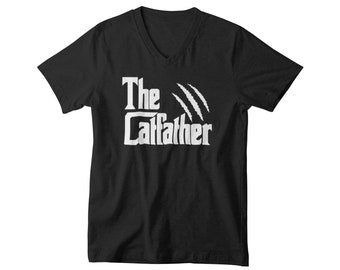 Mens V-neck - The CatFather T Shirt, Funny Black Cat Tee, Funny Cat Shirt, Funny Cat Tee Gift, Cat Shirt, Funny Cat Lover Tee, Funny Kitty