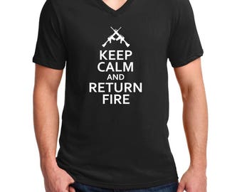 Men's V-neck Keep Calm And Return Fire T Shirt Guns 2nd Amendment US Military Army Tee