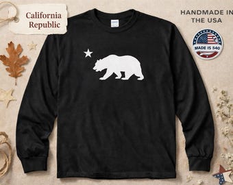 California Republic, Bear Star Top, State Flag Graphic, West Coast Gift, Wildlife Lover, Handmade Cotton, Long Sleeve Tee, Mens Black