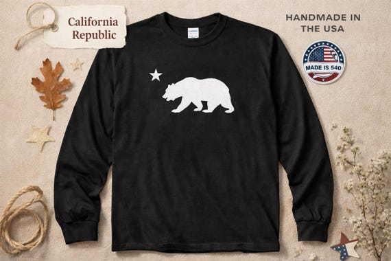 California Republic, Bear Star Top, State Flag Graphic, West Coast Gift, Wildlife Lover, Handmade Cotton, Long Sleeve Tee, Mens Black