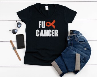 FU Cancer Shirt, Women's V-Neck, Leukemia Awareness Tee, Orange Ribbon Shirt, Gift for Survivor, Cancer Support Tee, Fighter Shirt