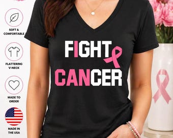 Breast Cancer Awareness V Neck Shirt Women, Fight Cancer Tee, Pink Ribbon Support Top, Survivor Gift, Cancer Walk Outfit, Fighter Shirt