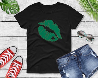 Womens Kiss St. Patrick's Day Shirt - Green Lips Graphic Tee, Funny Shamrock Holiday Shirt, Irish Party Shirt, St. Pat's Tee