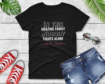 Womens Nobody Fights Alone Shirt, Breast Cancer Awareness Tee, Fighter Support Top, Cancer Ribbon Family Gift, Inspirational Pink Shirt