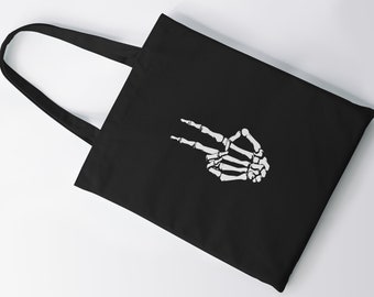 Skeleton Hand Tote Bag, Shopping Bag, Shoulder Bag, Grocery Bag, Canvas Bag, Halloween, Spooky, Peace Sign, Love, World Peace
