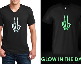 Glow in the Dark Peace Shirt, Skeleton Hand V Neck, Halloween Tee for Men, Hippie Love Shirt, Black Shirt, Peace Sign Shirt, Spooky Outfit