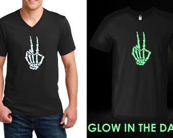 Men's V-neck - Skeleton Hand T Shirt, GLOW in The Dark, Peace Shirt, Peace Sign Shirt, Hippie Shirt, Love Shirt, World Peace, Halloween