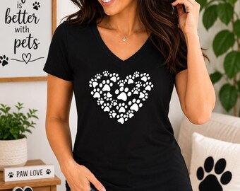 Heart Paw Print V Neck Shirt, Dog Cat Lover Tee, Pet Mom Gift, Animal Lover Shirt, Cute Paw Print Top For Women