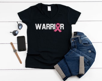 Womens V-neck - Warrior T Shirt, PINK Ribbon, Breast Cancer Shirt, Ribbons For A Reason, Marathon Shirt, Awareness Ribbon