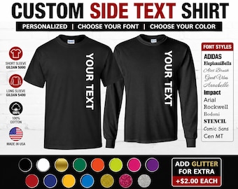 Custom Side Text Shirt, Personalized Business Tee, Vertical Text Shirt, Custom Name Shirt, Long Sleeve Gift, Logo Tee