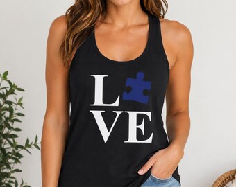 Ladies Autism Love Puzzle Piece Awareness, Racerback Support Graphic Tank Gift Womens Shirt Tee