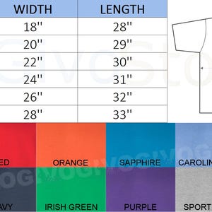 May include: A size chart for t-shirts, showing measurements in inches. Sizes range from S to XXXL, with widths from 18" to 28" and lengths from 28" to 33". Colors include white, red, orange, sapphire, Carolina blue, and charcoal.