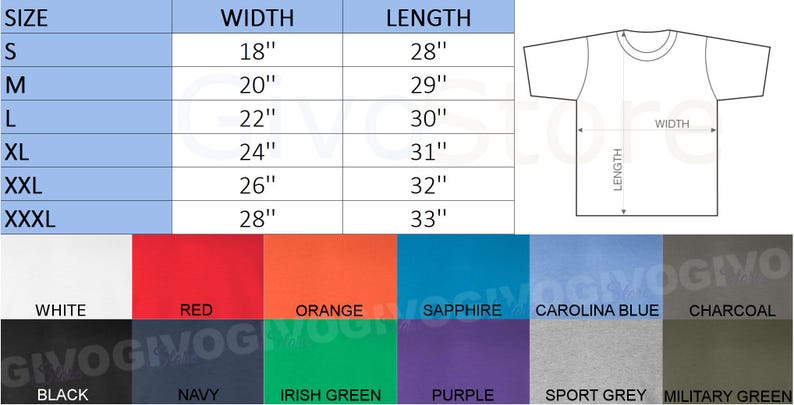 May include: A size chart for t-shirts, showing measurements in inches. Sizes range from S to XXXL, with widths from 18" to 28" and lengths from 28" to 33". Colors include white, red, orange, sapphire, Carolina blue, and charcoal.
