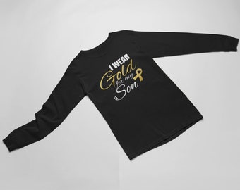 I Wear Gold For My Son Shirt, Long Sleeve Gold Ribbon Awareness Month Tee, Childhood Cancer Support, Pediatric Cancer Gift, Survivor Top