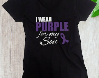 Womens V-neck I Wear Purple For My Son T-Shirt, Purple Ribbon Shirt, Epilepsy Awareness, Pancreatic Cancer Support, Mental Health Awareness