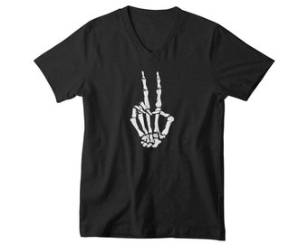 Mens V-neck - Skeleton Hand T Shirt, Halloween, Peace Shirt, Peace Sign Shirt, Hippie Shirt, Peace Sign, Love Shirt, World Peace