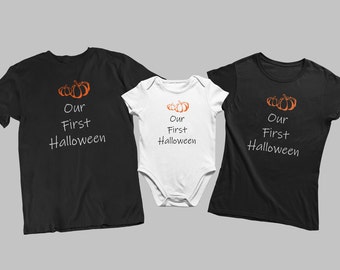 Our First Halloween Matching Family Shirts, Pumpkin Baby Bodysuit, Mommy Daddy And Baby Tee, Cute Fall Outfit, Halloween Gift For Family