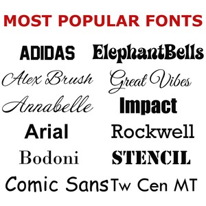May include: A list of popular font names in black text on a white background. The font names include Adidas, Elephant Bells, Alex Brush, Great Vibes, Annabelle, Impact, Arial, Rockwell, Bodoni, Stencil, Comic Sans, and Tw Cen MT.