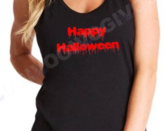 Happy Halloween Ladies Racerback Tank Top, Spooky Scary Costume Tee, Party Outfit Fall Festival Wear, Multiple Colors Soft Blend, Gift Idea