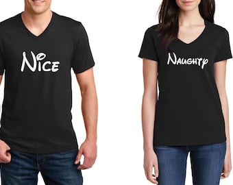 V-neck #2 - Nice & Naughty - Christmas Shirts - Funny Couple T-Shirts - Matching SET - Womens Mens - Disney Shirts - Cute Holiday Tees