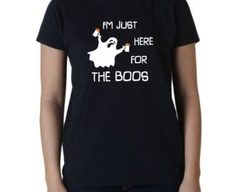 Ladies Im Just Here For The Boos Tee, Beer Funny Halloween Top, Costume Party Shirt, Semi Fitted Crewneck Cotton, Fall Halloween Humor