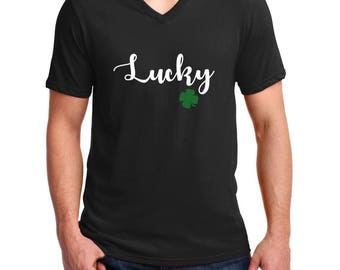 V-neck Men's - Lucky - Saint Patrick's Day Shirt, Green Clover, Irish Shamrock T-Shirt, St. Patricks Day Shirt