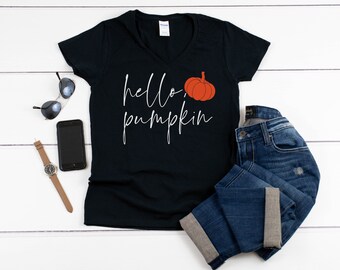 Hello Pumpkin Womens V Neck Shirt, Fall Halloween Tee, Thanksgiving Shirt, Pumpkin Spice Top, Festive Fall Graphic Shirt, Black Cotton Tee