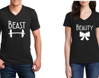 V-neck - Beast & Beauty, Couple Shirts, Funny Matching T-Shirts, Valentine's Day, LOVE, Anniversary Tees, Soul Mate SET Shirt