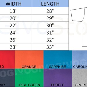 Op de afbeelding: Maattabel voor een T-shirt met afmetingen in inches. De tabel toont de breedte en lengte van het shirt in verschillende maten: S, M, L, XL, XXL en XXXL. De tabel toont ook de beschikbare kleuren: wit, rood, oranje, saffier, Carolina blauw, antraciet, zwart, marine, Iers groen, paars, sport grijs en militaire groen.