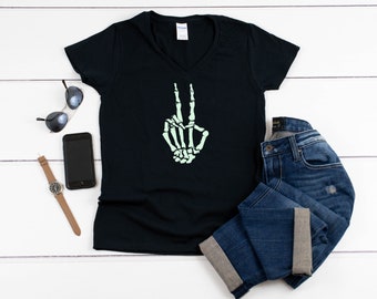 Women’s V-neck - Skeleton Hand Peace Shirt – Glow in the Dark, Spooky Goth Tee, Halloween Aesthetic, Punk Rock, Alternative Fashion Gift
