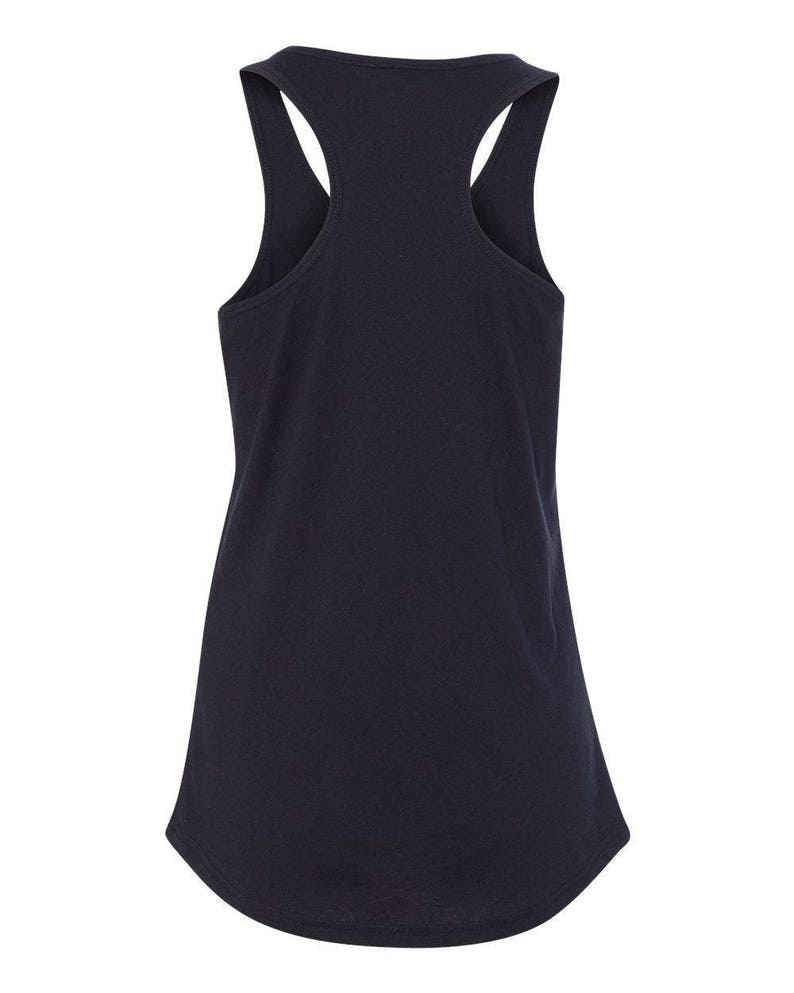 May include: A navy blue racerback tank top. The tank top has a scoop neck and a curved hemline. The back features a racerback design with wide straps. The fabric appears to be a soft, knit material.