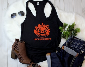 Trick Or Treat Womens Tank Top, Halloween Shirt, Pumpkin Fall Top, Spooky Graphic Tee, Halloween Outfit, Funny Fall Tank, Trick Treat Gift