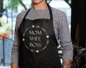 Mom Wife Boss Apron, Kitchen Apron with Pockets, Cooking Gift for Mom, Mothers Day Gift, Funny Mom Apron, Chef Apron, Mom Life, Mama Apron