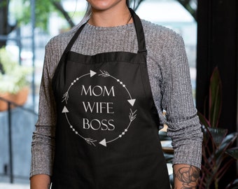 Apron - Mom Wife Boss, Kitchen Apron with Three-section Pocket, Mommy, Mama, Cooking Gift for Mothers Day, Mom Life