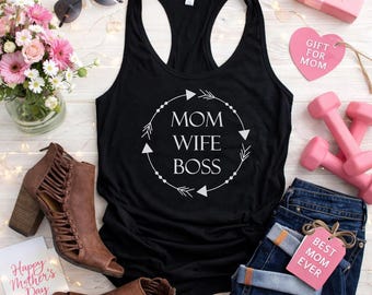 Mom Wife Boss Tank Top, Womens Racerback Shirt, Strong Mom Life Tee, Mothers Day Gift, Fitness Workout Tank, Gift For Wife Mom