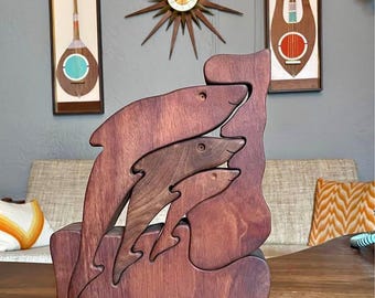 Vintage Teak Wood Fish Puzzle Sculpture – Large Signed Dolphin Family, 12.5” Tall, Mid Century Decor