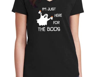 I'm Just Here For The Boos Shirt, Funny Halloween Shirt, Womens V Neck Tee, Beer Costume Top, Spooky Ghost Graphic Tee, Fall Party Outfit