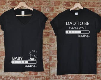 Pregnancy #2 Announcement Shirt Set Baby Loading Dad To Be Matching Tees Crew Neck for Him V-Neck for Her Fun Expecting Parents Gift