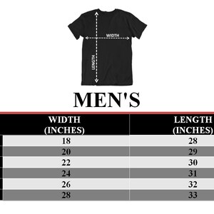 May include: Size chart for a t-shirt with measurements in inches for width and length. Sizes include S, M, L, XL, XXL, XXXL.