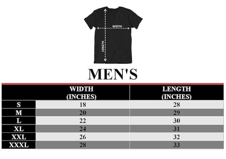 May include: Size chart for a t-shirt with measurements in inches for width and length. Sizes include S, M, L, XL, XXL, XXXL.