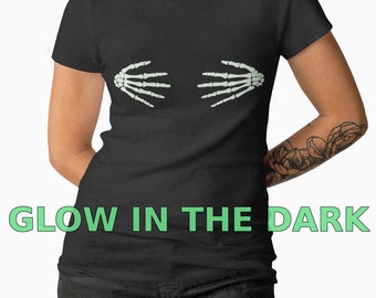 Skeleton Hands T-Shirt, GLOW in the Dark Halloween Shirt, Skeleton Costume Tee, Bones Shirt, Spooky Halloween Apparel, Women's Crewneck