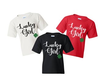 Youth Kids - Lucky Girl - Saint Patrick's Day Shirt, Party, Irish Shamrock, St Paddy Shirt, Lucky Shirt, Girls Tee