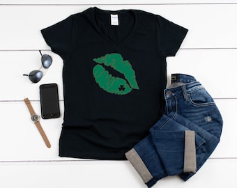 Womens V-neck - Kiss St. Patrick's Day Shirt - Green Lips Graphic Tee, Funny Shamrock Holiday Shirt, Irish Party Shirt, St. Pat's Tee