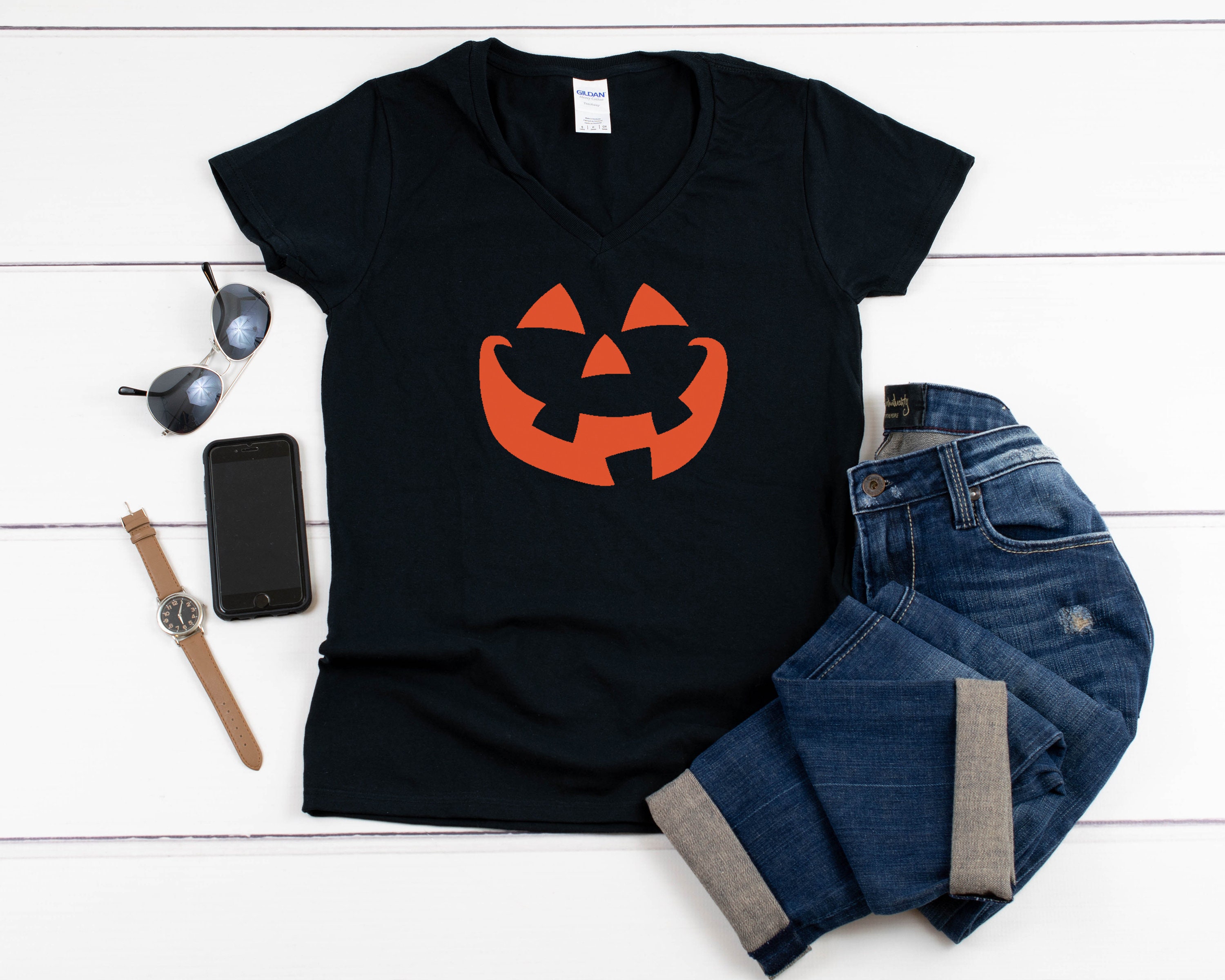 Womens V-neck Pumpkin Face T Shirt 